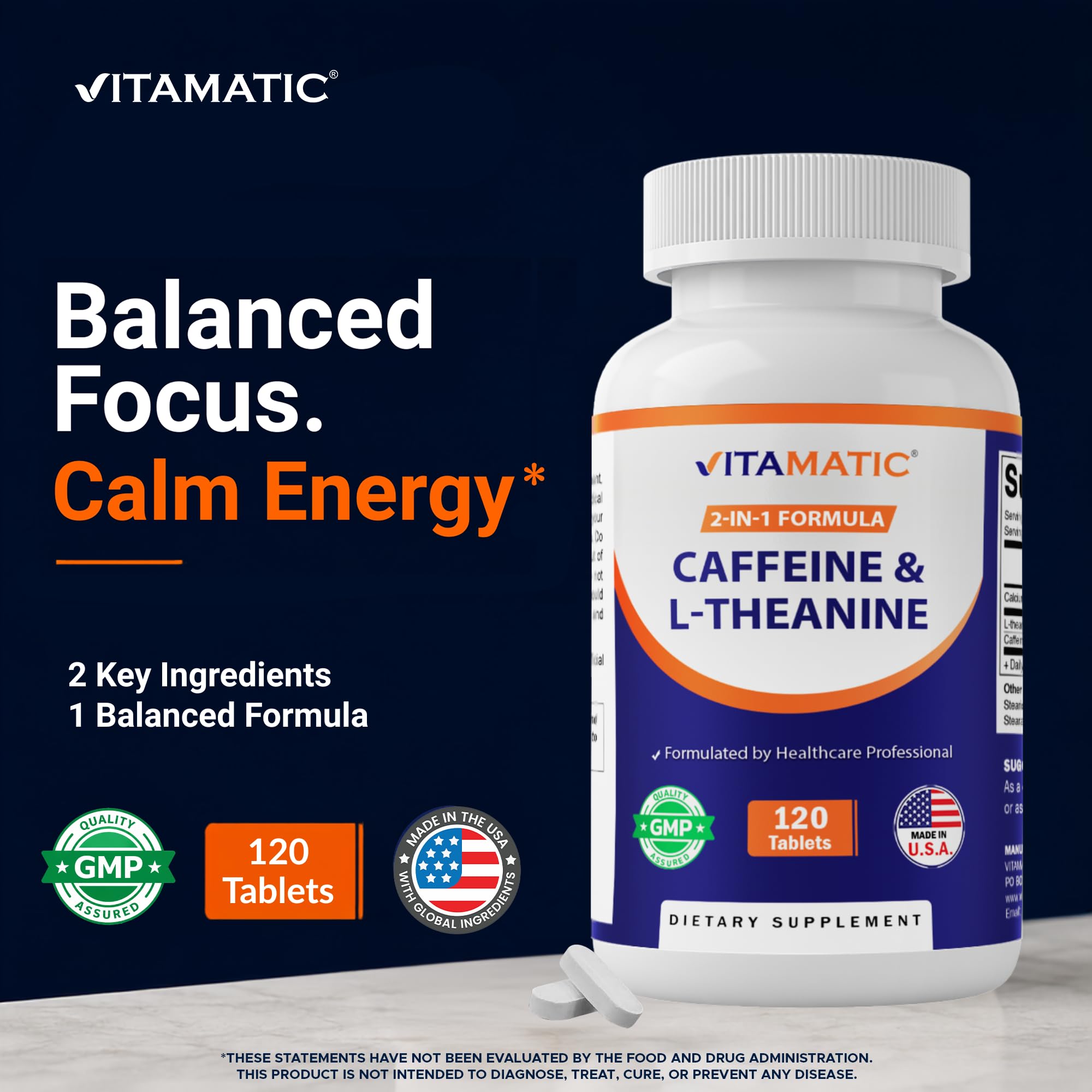 Vitamatic L-Theanine 200 mg with Caffeine 100 mg, 120 Tablets, Made in USA — Amazon image 7