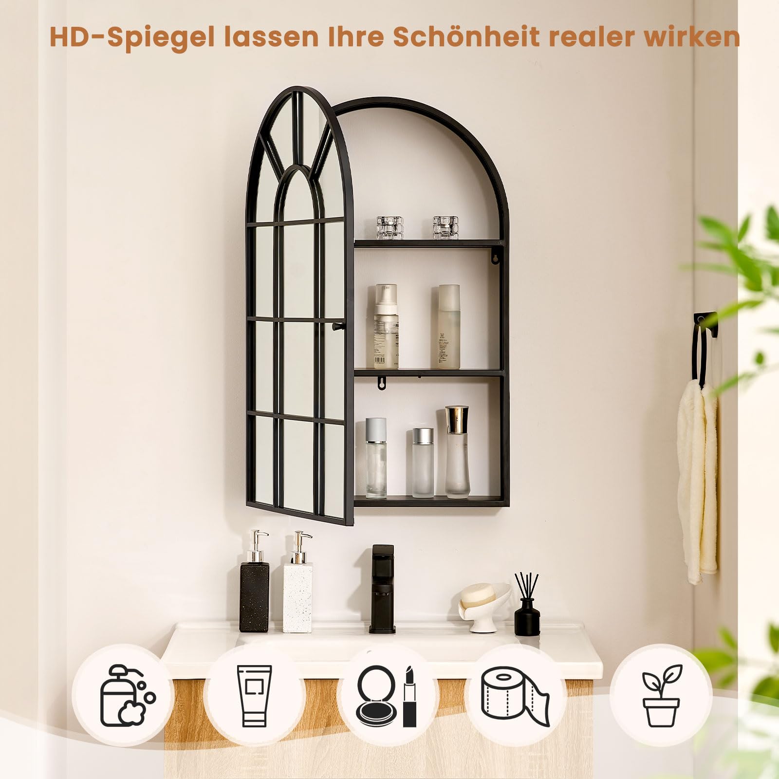 CLIPOP Spiegelschrank 1 Tür, 50×80 cm, schwarzer Rahmen, 2 Ablagen