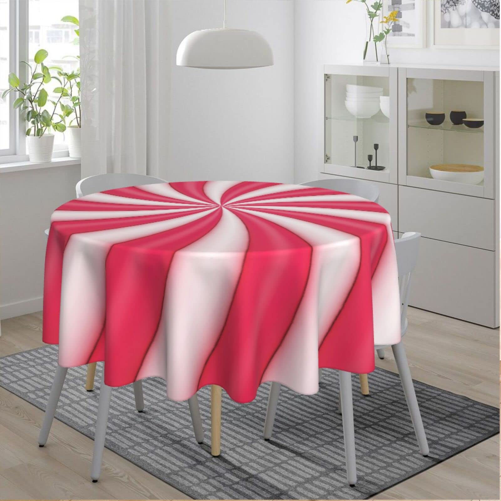 Christmas Lollipop Candy Sugar Red And White Cute Funny Pink Waterproof Picnic Round Table Cloth Cover Decorations Fabric 60 Inch Circular Tablecloth For 20-47 Inch Home Dining Room Kitchen Decor