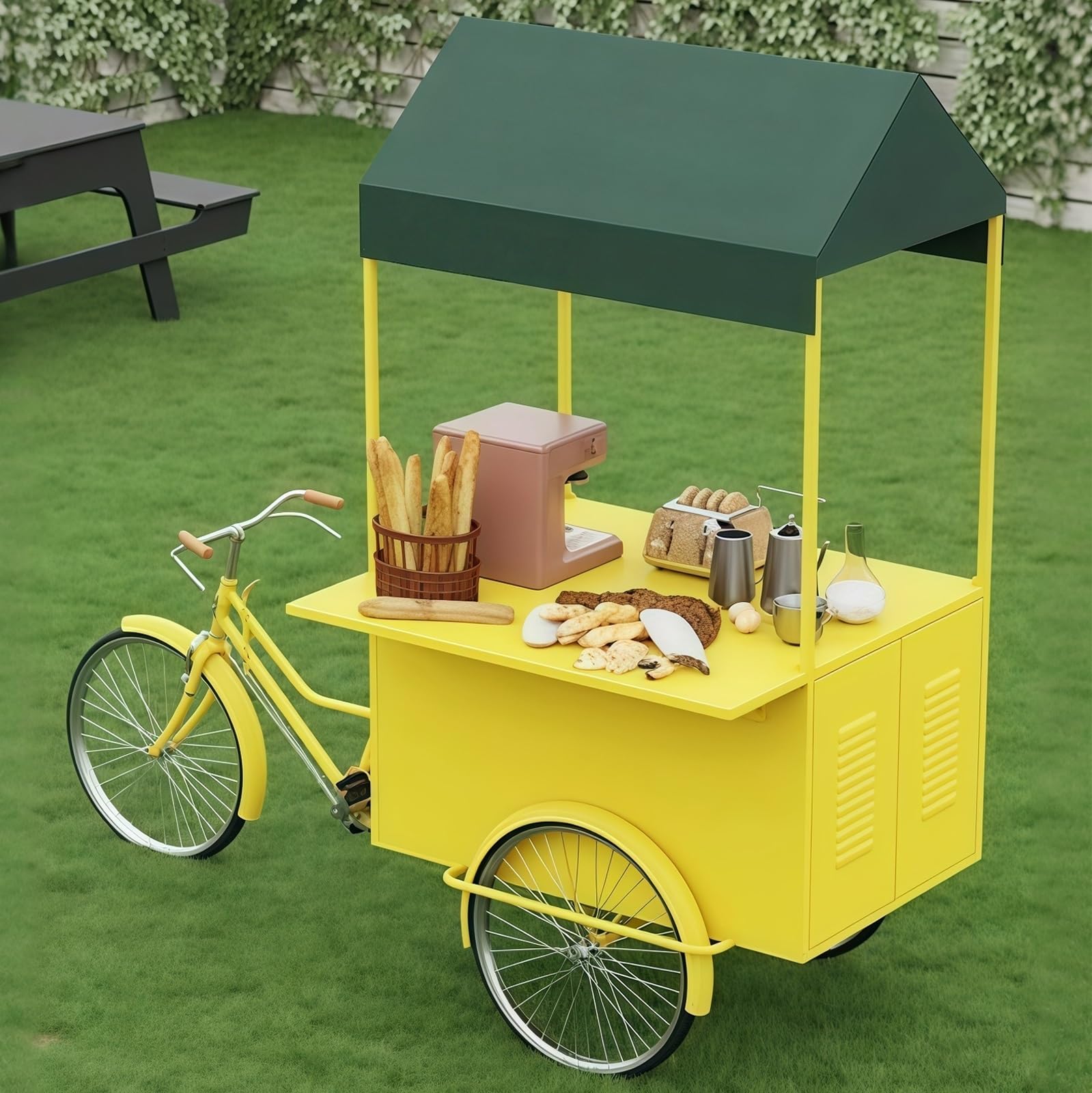 Mobile vending tricycle, Mobile Metal Cart Canopy Snacks Beverages Coffee Candy Multicolor(Yellow)