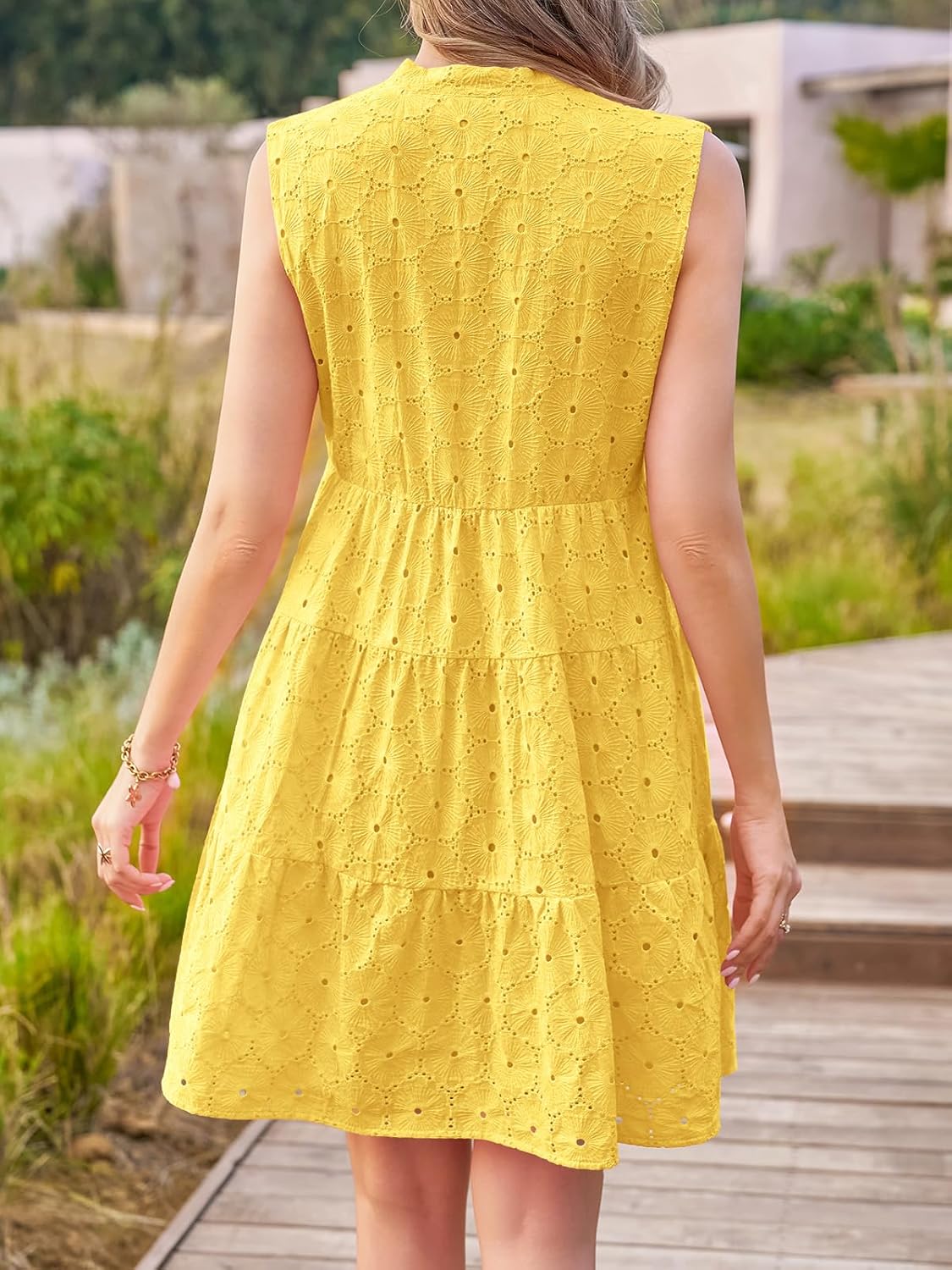 Wenrine Womens Summer Eyelet Dress Lace Sleeveless V Neck Mini Sundress Babydoll Hollow Out Swing Casual Beach Dresses - Image 3