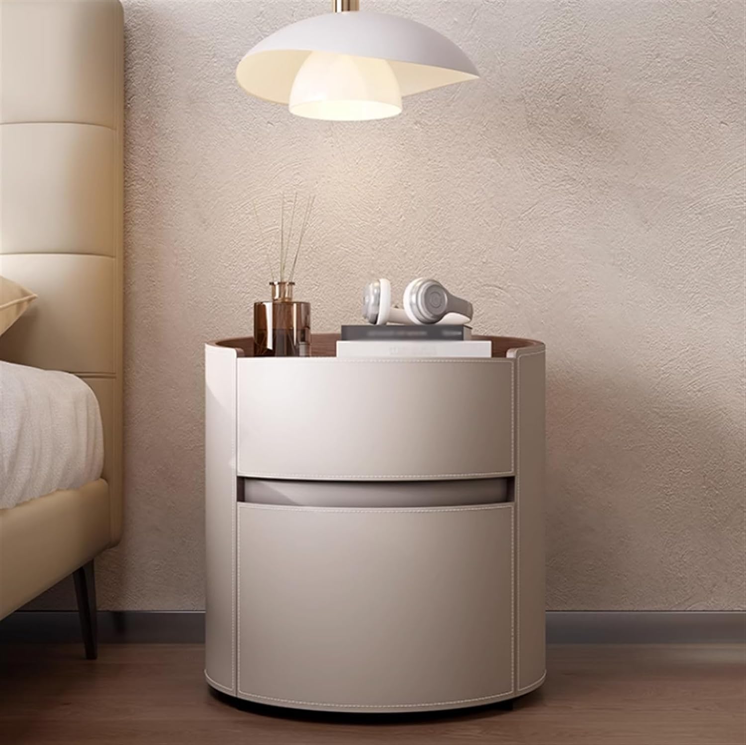 PEYNIR Comodino Rotondi in Pelle Artificiale con 2 Cassetti, Set di 2 Comodini Letto Color Kaki