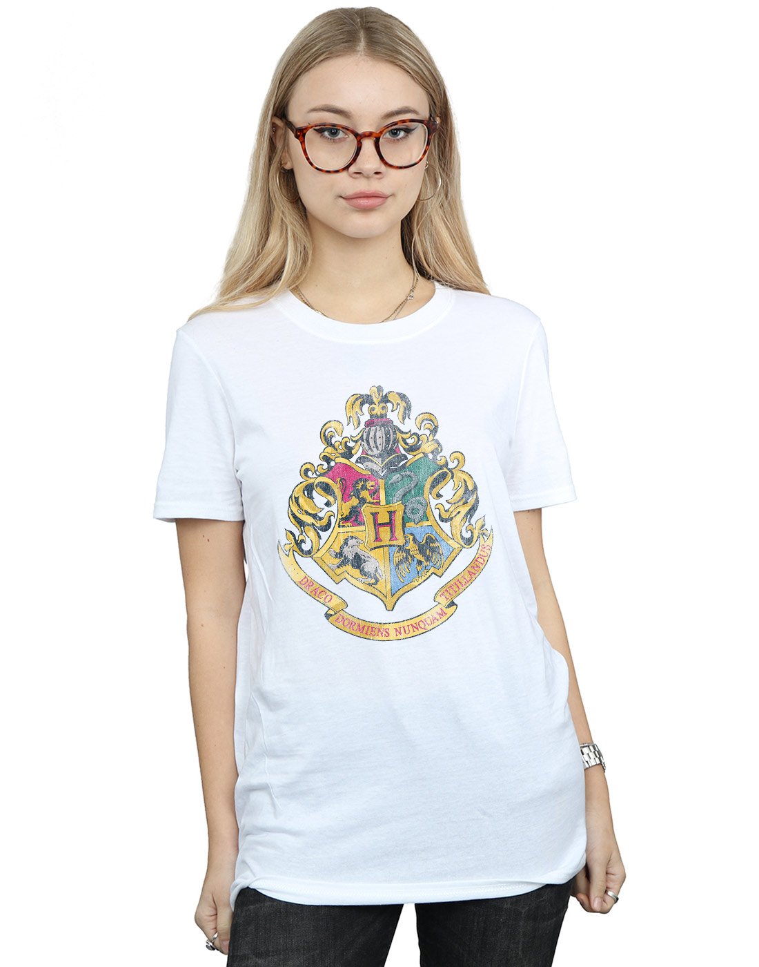 Harry Potter Women's White Hogwarts Distressed Crest Boyfriend Fit T-Shirt 3XL