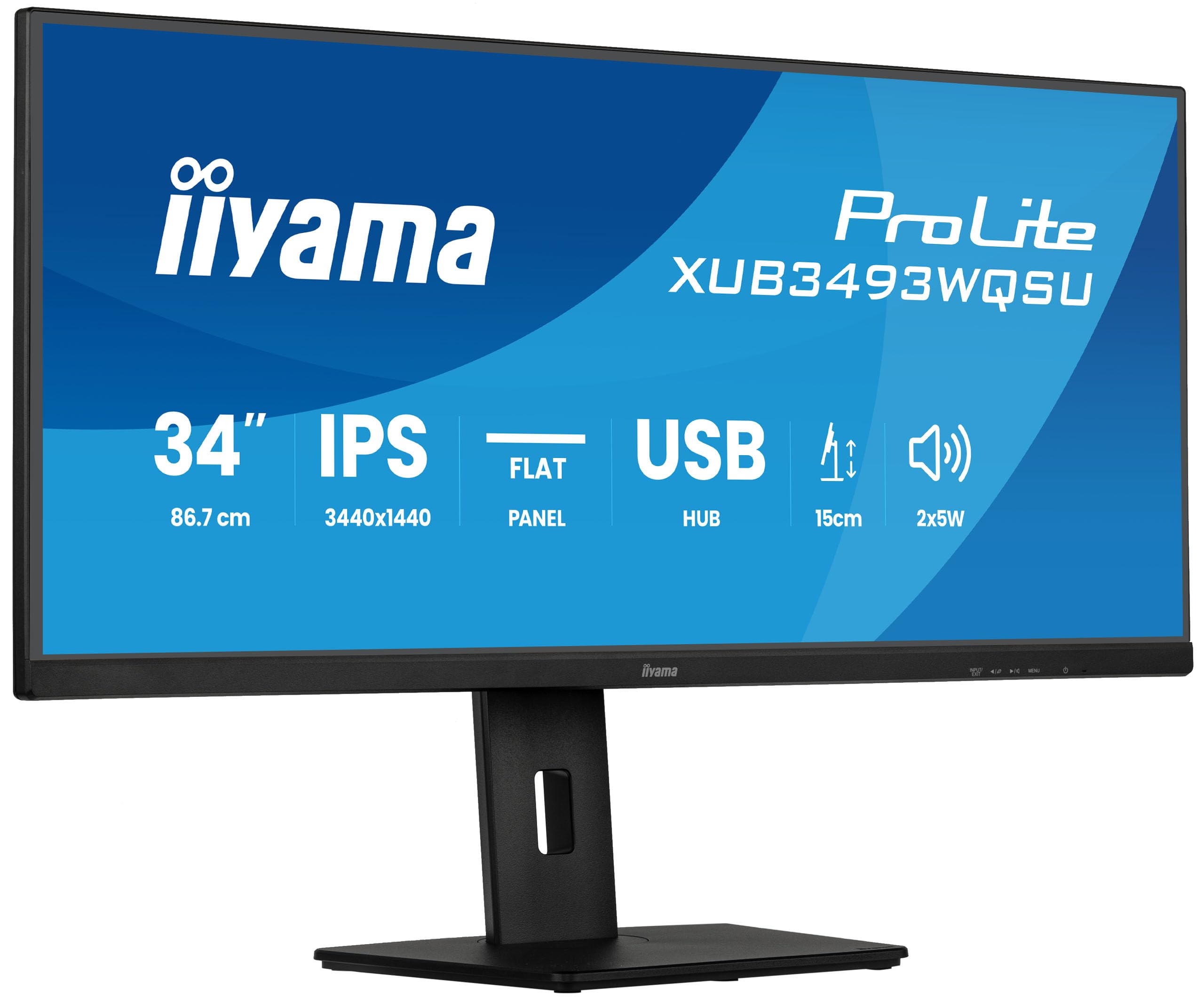 iiyama Prolite XUB3493WQSU-B6 86,7cm 34 Zoll IPS LED-Monitor UWQHD HDMI DP USB3.2 USB-C 7.5W Adaptive Sync Pip PBP Höhenverstellung schwarz