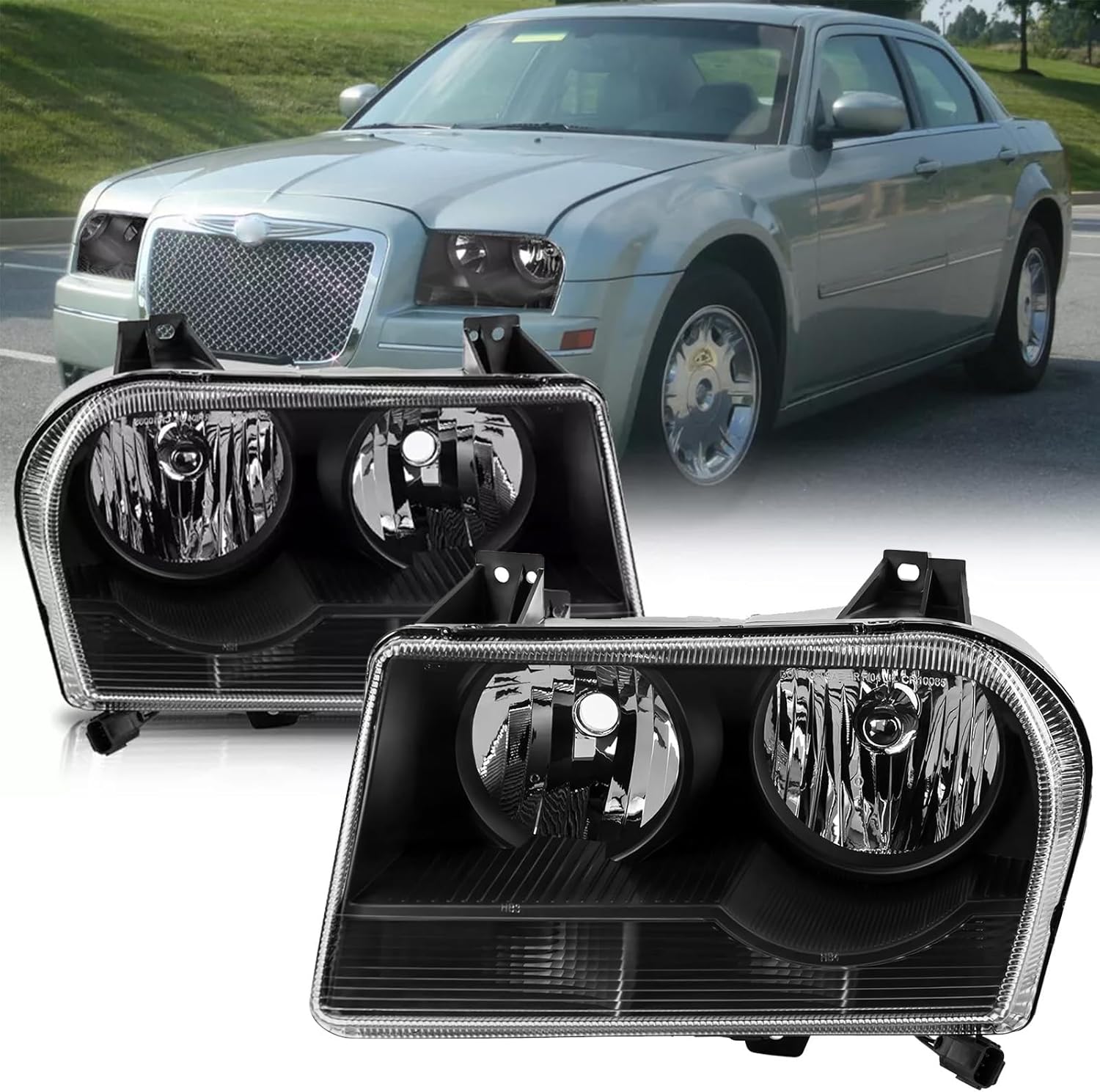 For 2005-2010 Chrysler 300 Halogen Headlights Headlamps Compatible with 05 06 07 08 09 10 Chrysler 300 Head Lights Lamps Assembly Replacement Driver + Passenger Side
