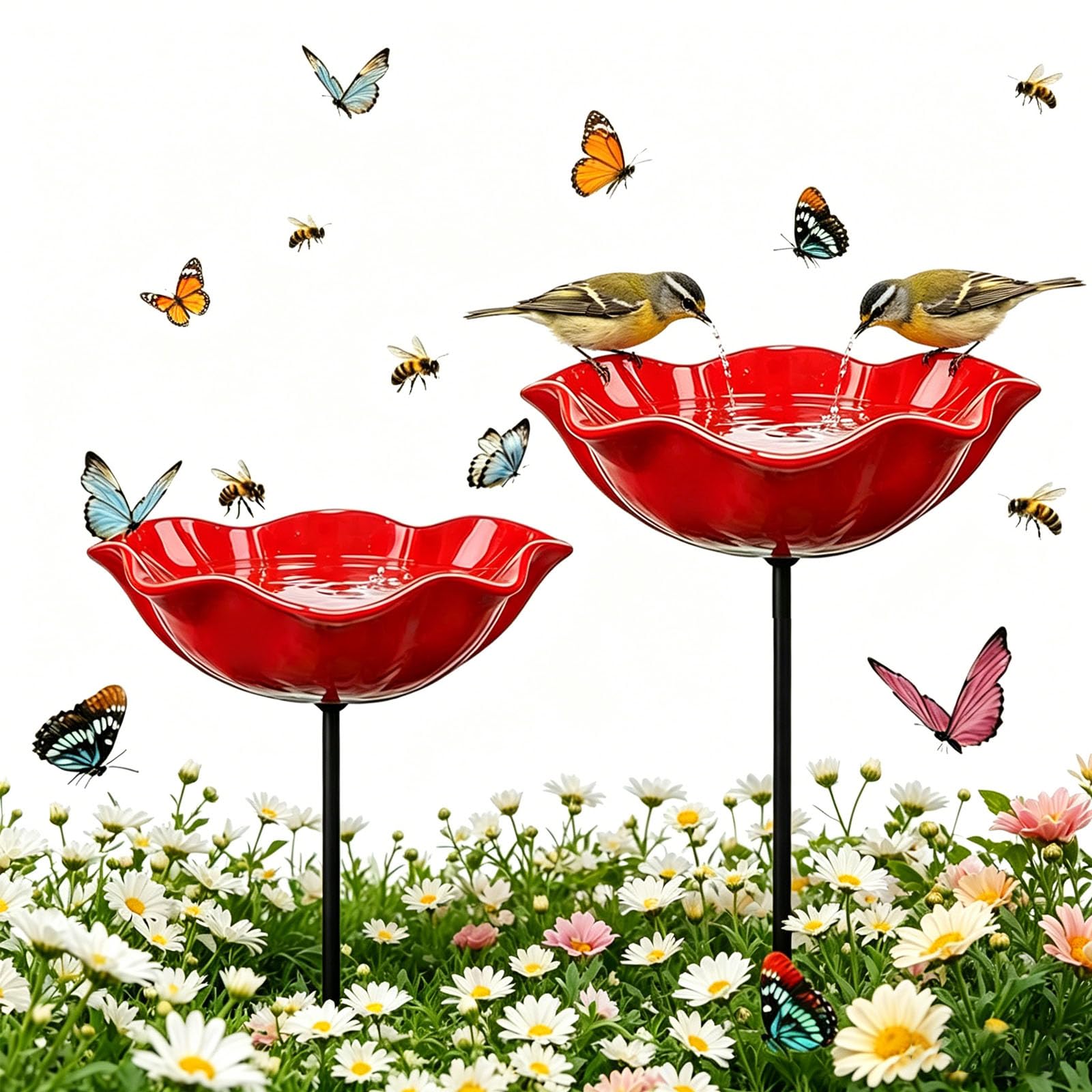 2 Stück Bienentränke Blume für den Garten, Bienentränke, Vogeltränke Blume aus Metall, Gartenstecker Vogeltränke, Dekorative Futterschale für Vögel und Bienen, Gartendekoration für Rasen und Balkon