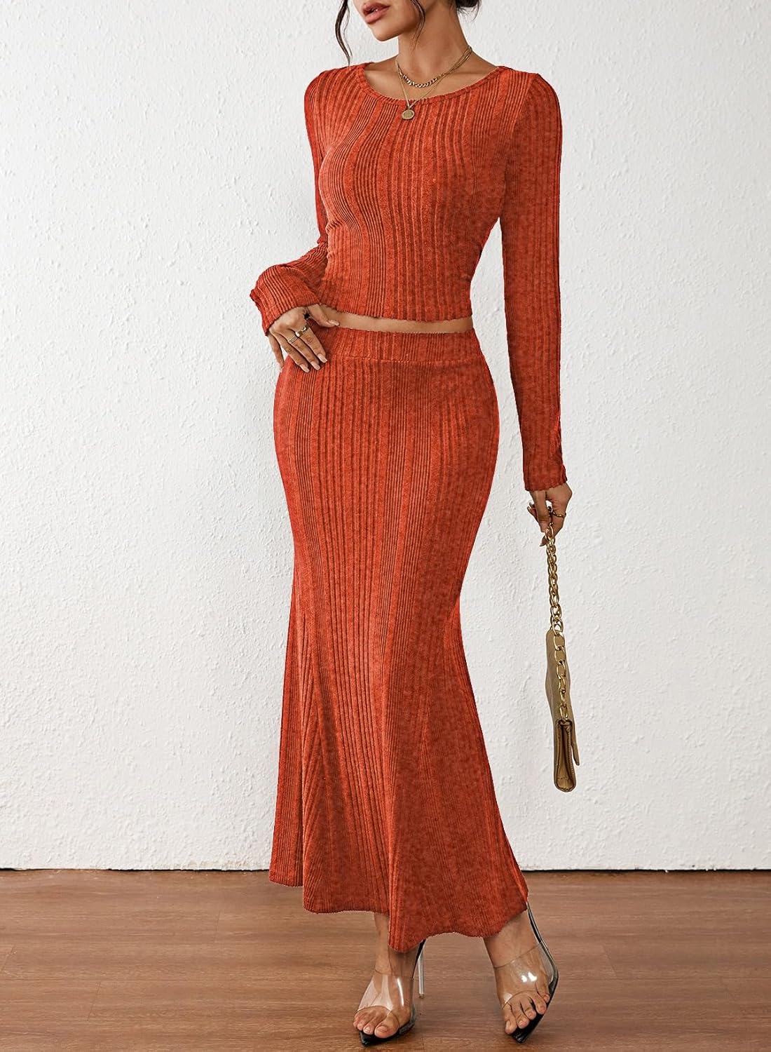 Pink Queen Ribbed Knit 2 Piece Dress Set for Women Fall Long Sleeve Crop Top with High Waist Skirt Set Cocktail Party Outfits - Image 4