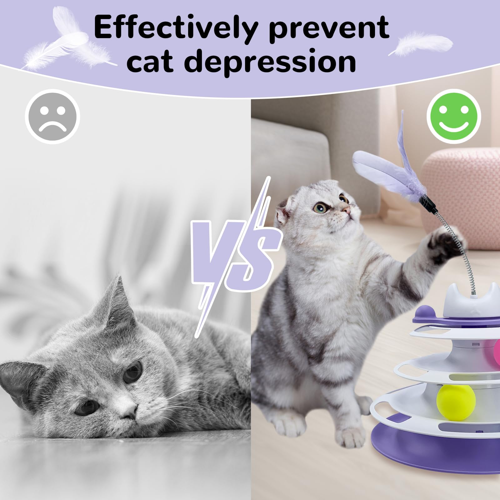 HYSHLC 3 Level Interactive Cat Toys, Interactive Kitten Toys, Indoor Cat Ball Toy 3 Colorful Balls with Feather Teaser - Image 4
