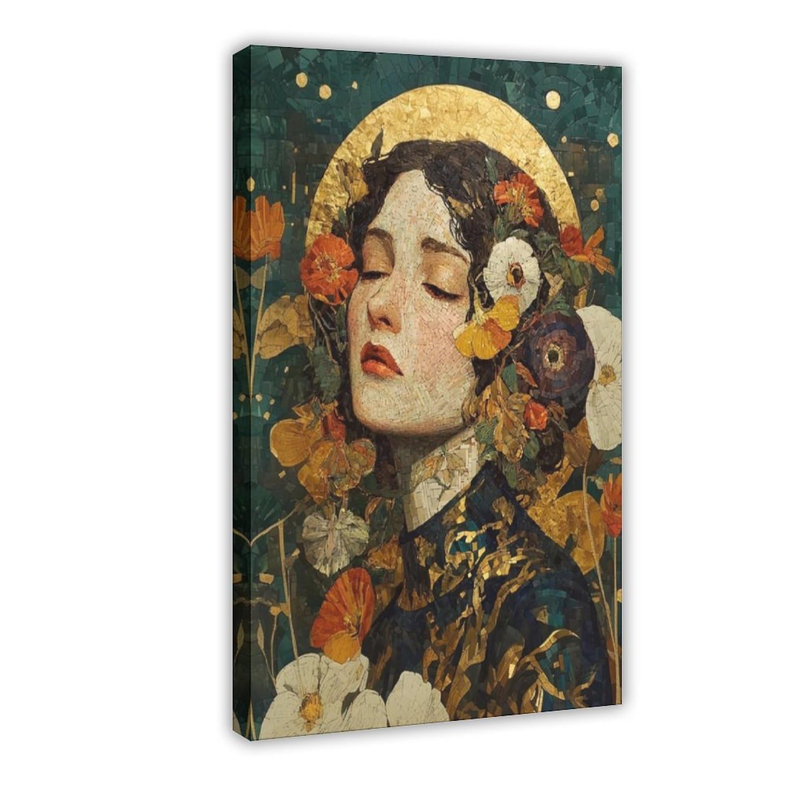 Bareronor Frame Klimt-Inspired Mosaic Woman Canvas Poster Bedroom Decor Landscape Office Room Decor Gift 24" L X 36" W