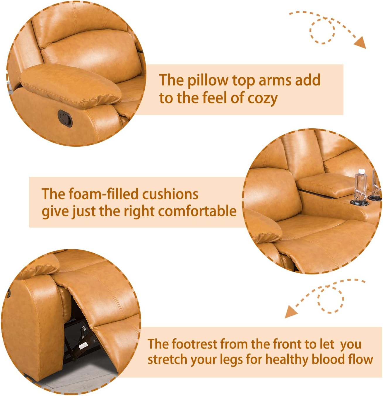 Manual Recliner Sofa Set, Bonded Leather Living Room Furniture Set, Reclining Leather Couches with Cup Holders/Storage Console/Flip Middle Backrest (Sofa+Loveseat+Chair,Ginger)