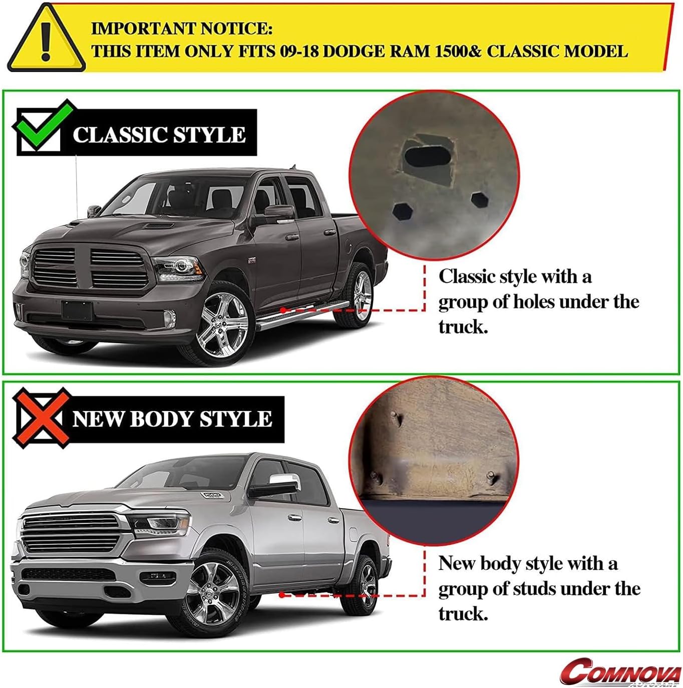 COMNOVA AUTOPART Aluminum Running Boards Compatible with 2009-2018 Dodge Ram 1500 Quad Cab, 10-24 Dodge Ram 2500 3500 Quad Cab. 6.5 Inch Side Steps Step Bars, Black Nerf Bars, Non-Slip Plastic Pads.