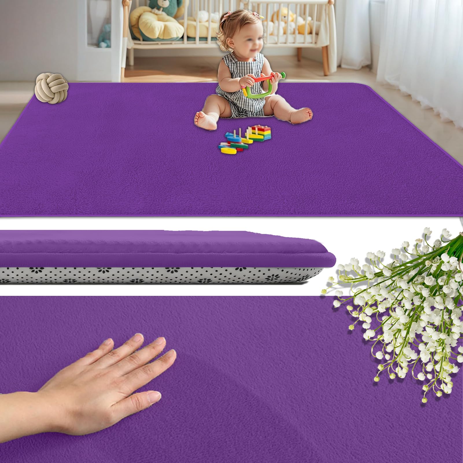 GmyoieqI Coral Velvet Baby Play Mat 2CM Thick, Non-Slip Backing Playmat for Floor Playroom Bedroom Yoga Mat 80 x 200 cm Large Memory Foam Area Rugs for Crawling Soft Play Tummy Time Activity Purple
