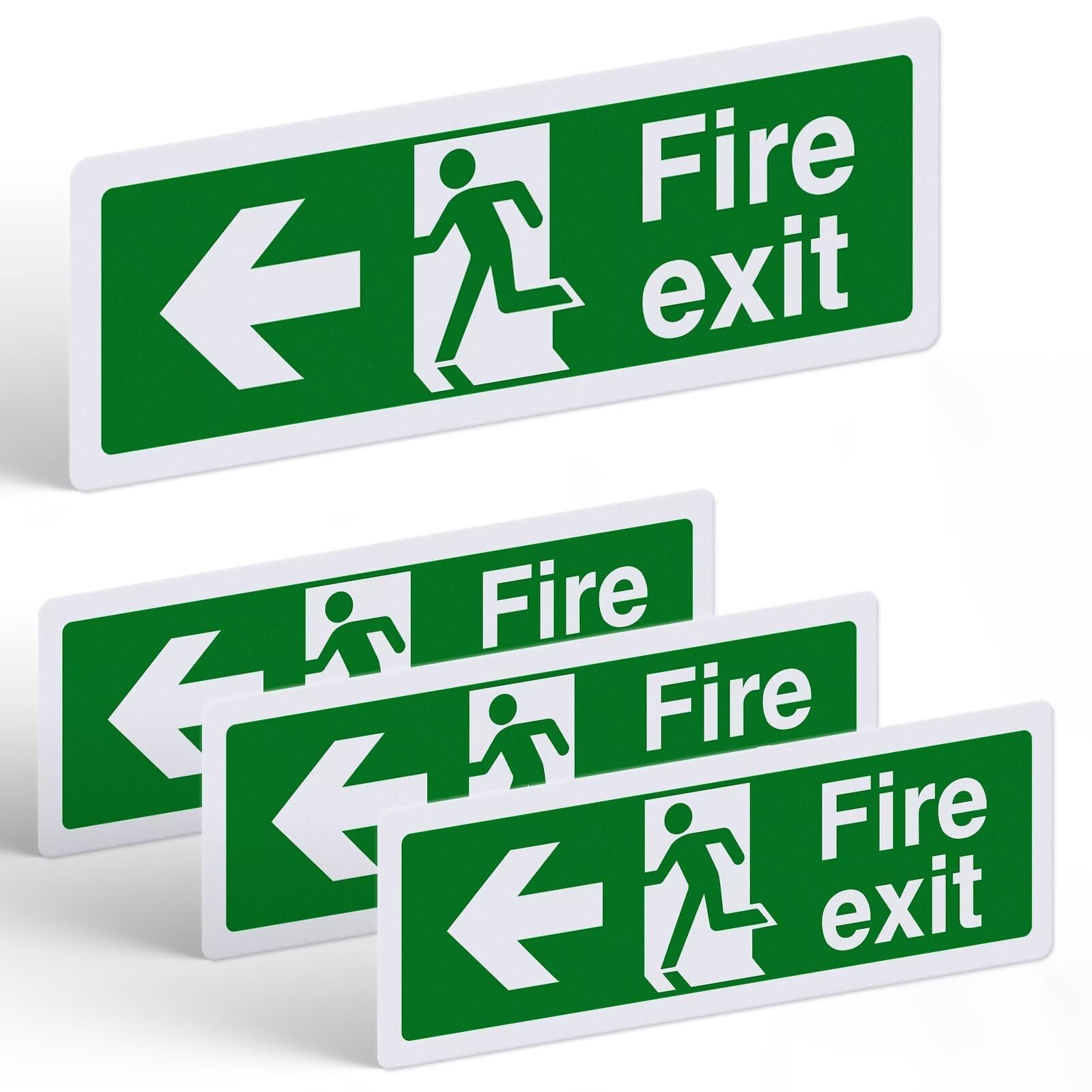 Fire Exit Sign Left Arrow – 4 Pack, 300x100mm Self Adhesive Vinyl – Weatherproof, UV Resistant Matte Finish, Durable Fire Escape Route Stickers for Indoor & Outdoor Use
