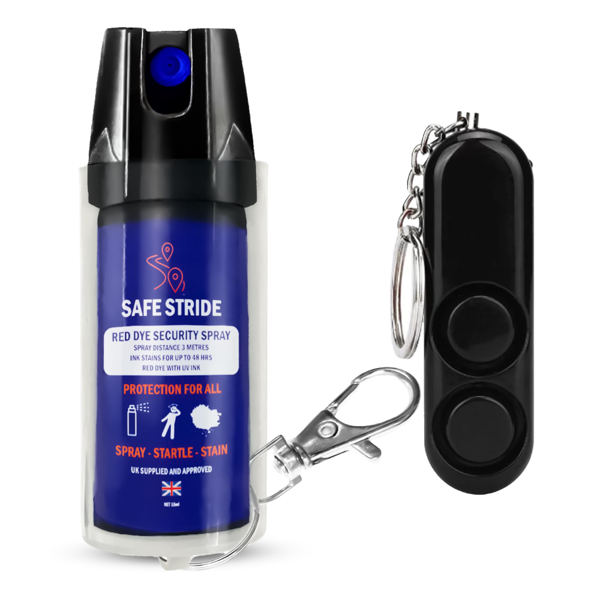 Self Defence Spray & LOUD Personal Alarm SAFESTRIDE Criminal Identifier Spray for Personal Protection - Weapons UK Legal for Men & Women with UV Marking & Practical Keychain 15ml