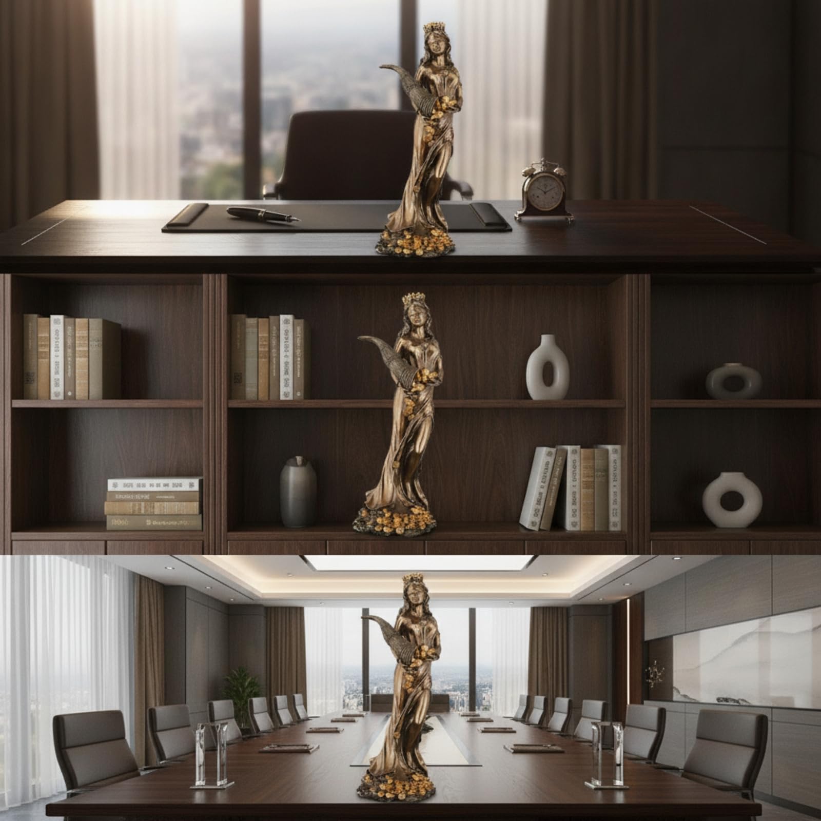 Della Fortuna Bendata con Cornucopia Ornamentale Scultura Dipinta a Mano Figura Decorativa per Ufficio, Statua Della Dea Del Destino - Piccola Resina + Polvere Di Rame