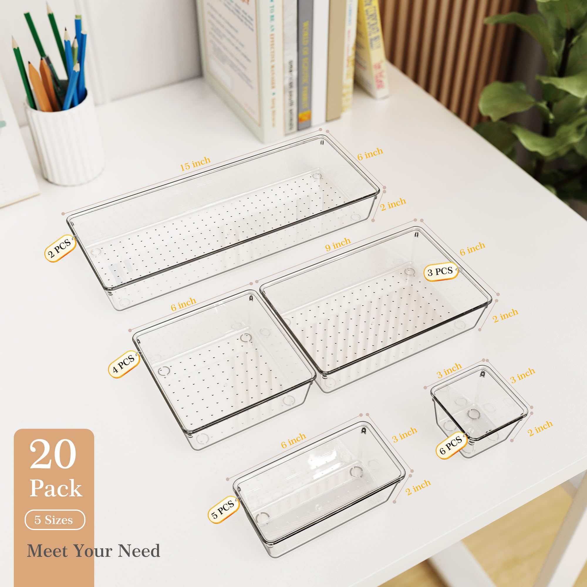Criusia Organizer per cassetti, 5 dimensioni, versatili, per bagno e toeletta, confezione da 20 organizer per cassetti da cucina, in plastica trasparente, contenitori per trucchi, bagno, gioielli e