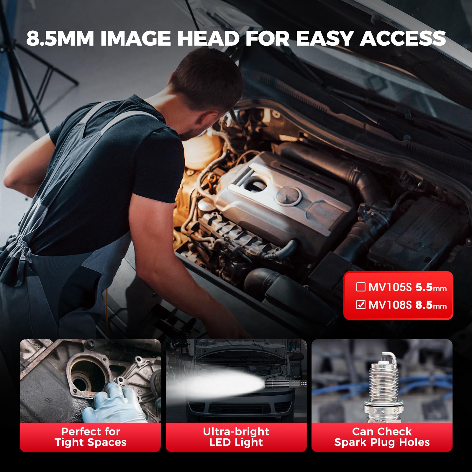 Autel MaxiVideo MV108S Digitale Inspektionskamera, 2026 Aktualisiert von MV108 MV105S, 8,5mm USB Endoskopkamera, IP67 Wasserdicht, 1920P HD Rohrkamera, 1M Flexible Kabel für Autel Kfz Werkzeug & PCs