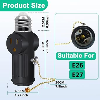 2-Pack E26/E27 Light Socket to Plug Adapter 3 Prong with Switch Black