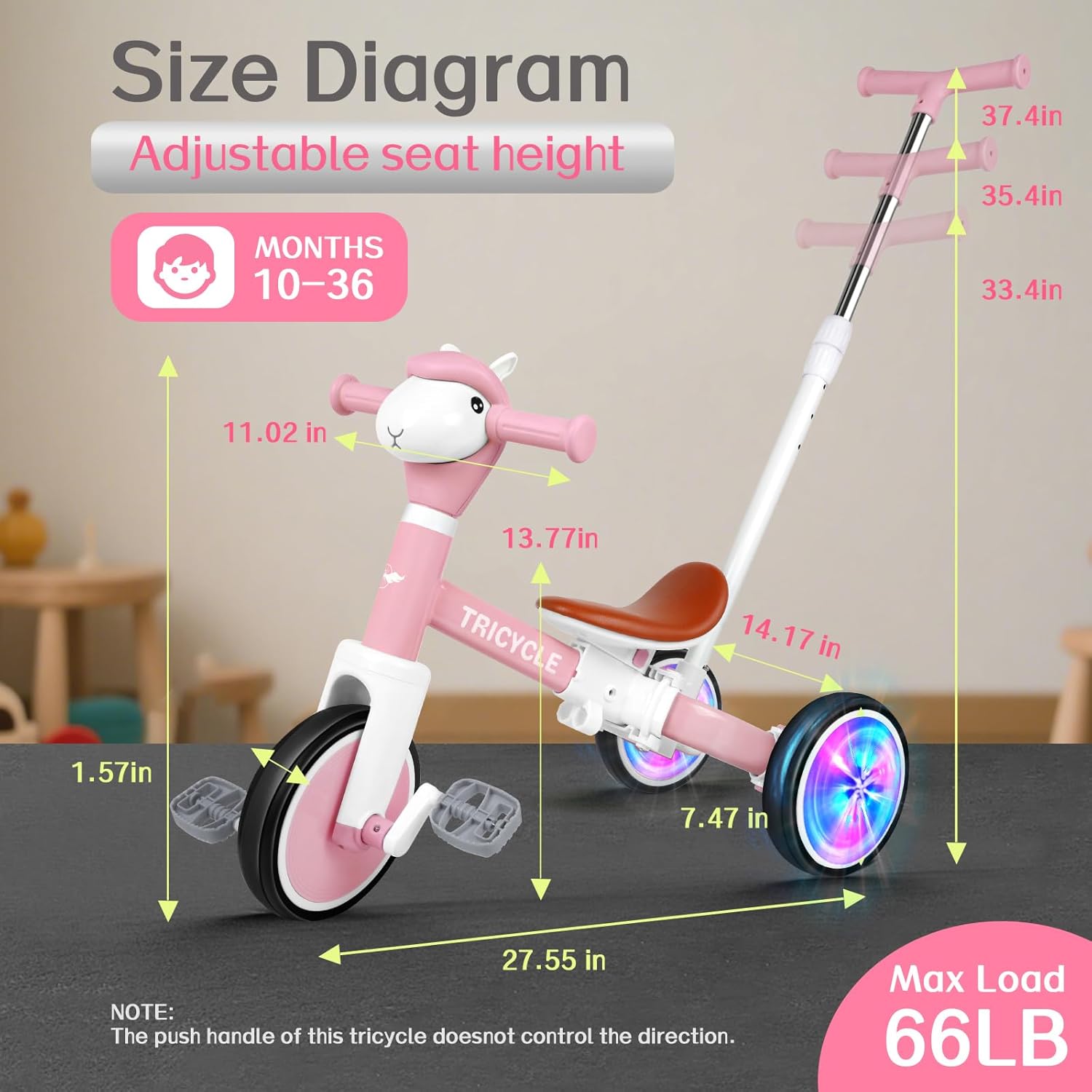 5 in 1 Tricycle for Toddlers 1-3 Year Olds, Push Trike Toys with Light Wheels & Music Front, Toddler Balance Bike for 2-4 Years Old Boys Girls, Birthday Gifts for 1 2 3 Kids Bike(Pink Flash Wheel)