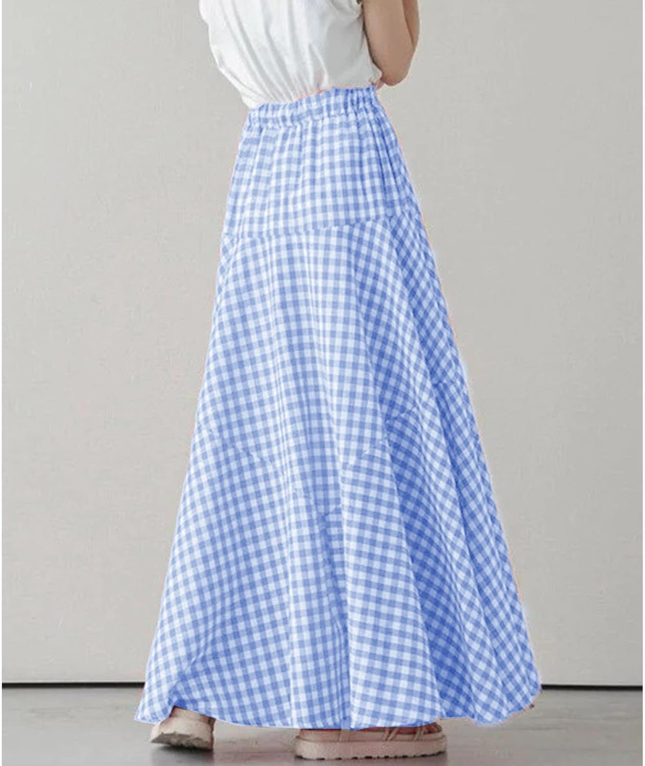 SOMTHRON Women's Retro Plaid Maxi Skirt A Line Pleated Flared Elastic High Waisted Gingham Summer Swing Long Skirt