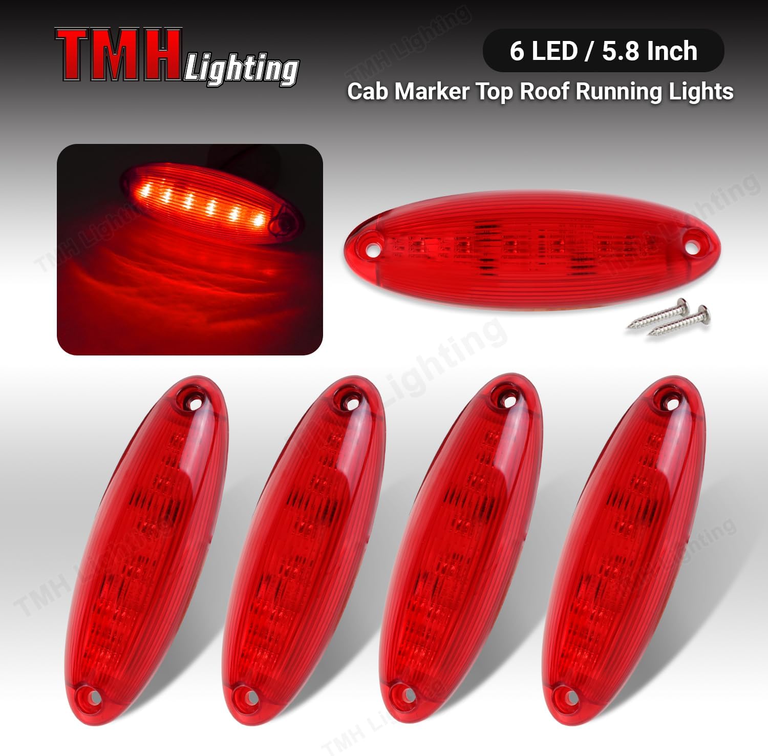 TMH 5.8 Inch 5 PCs Red LED Cab Marker Top Lights Compatible with Freightliner Cascadia (2008-2021) Heavy Duty Truck Trailer, 6 LED 12V DC Clearance/Roof Lights Q6