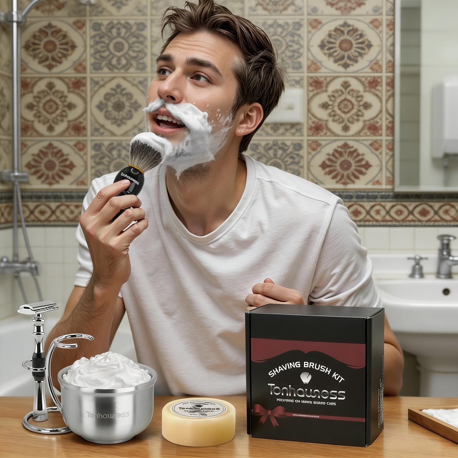Set di pennelli da barba da uomo, set di pennelli da barba 5 in 1, con spazzola da barba in setole di tasso, rasoio di sicurezza da uomo, ciotola da barba in acciaio