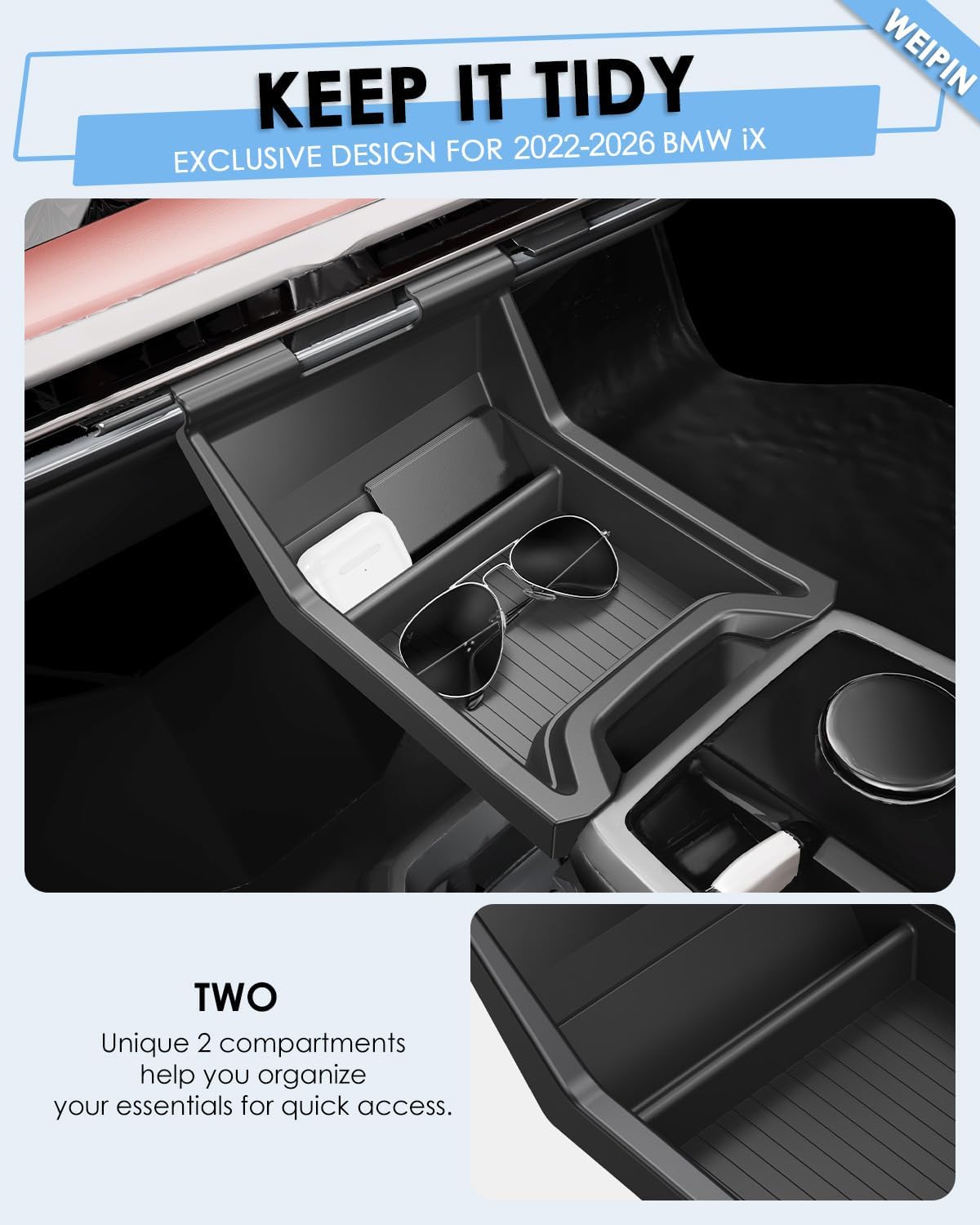 for BMW iX Center Console Tray - Compatible with 2022-2026 BMW iX Center Console Organizer Tray [2026 Patented Design] [2.5mm Thickened ABS Material] with Anti-Slip Thick Liquid Silicone Mat-Black