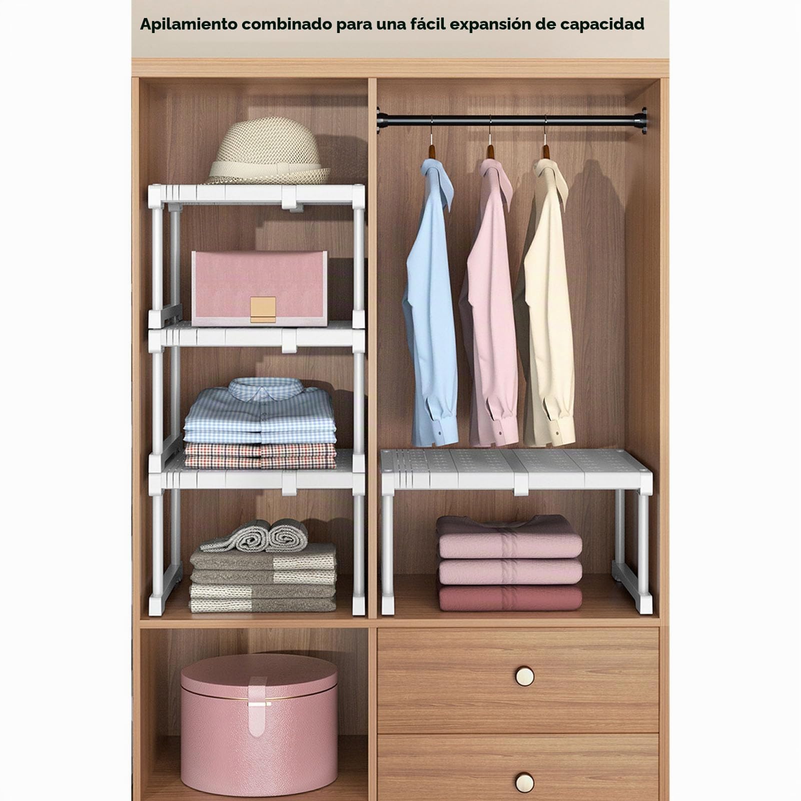Estante de Gabinete Expandible con Acero Al Carbono, Estante de Almacenamiento Ajustable para Armario, Divisor de Guardarropa Ideal y Organizador para Cocina y (Longitud 67-88