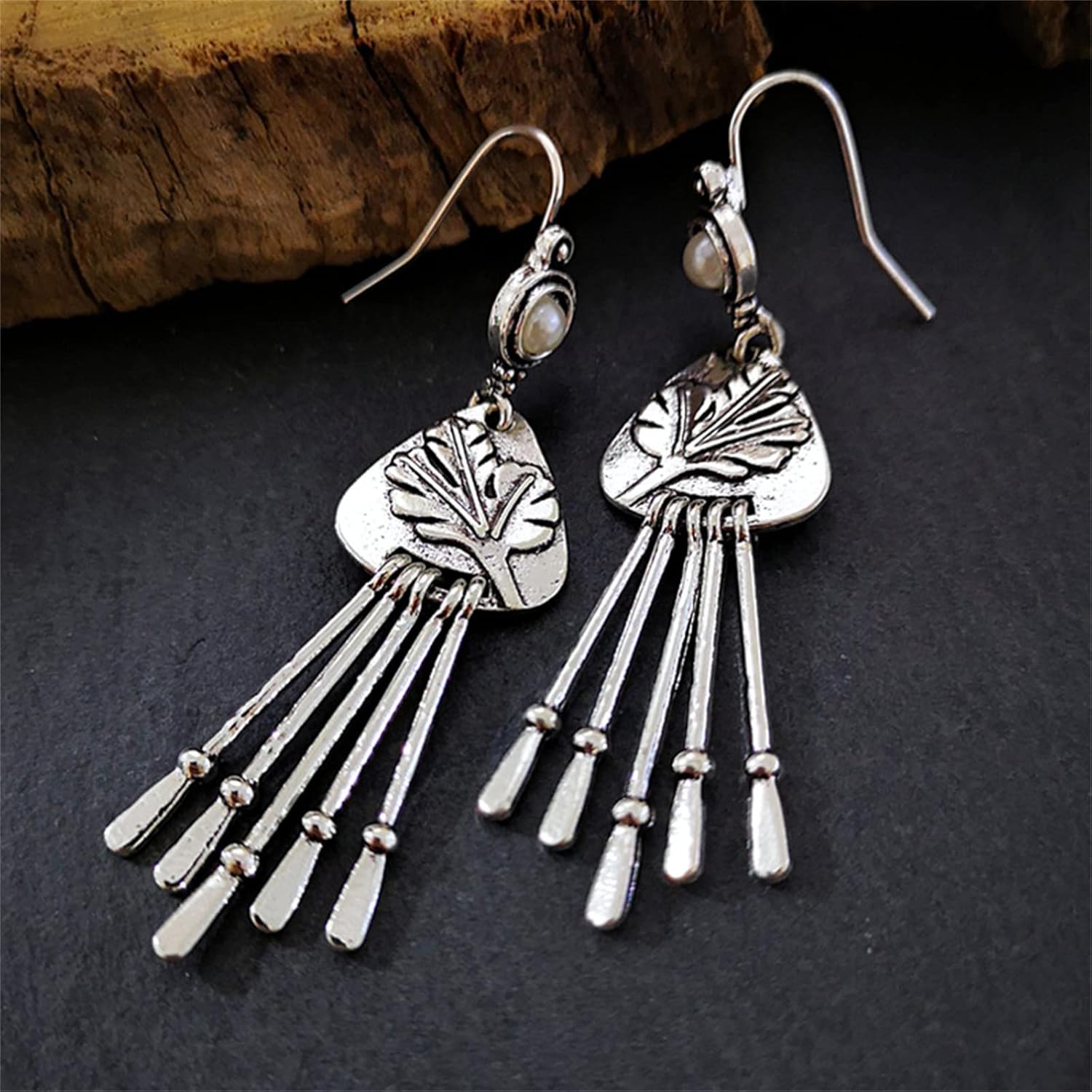 Long Handmade Tassel Earrings for Women Girls Personalized Antiqued Silver Vintage Bohemian Tree Leaf Pearl Dangle Drop Statement Earrings Boho Jewelry Gifts - Image 3