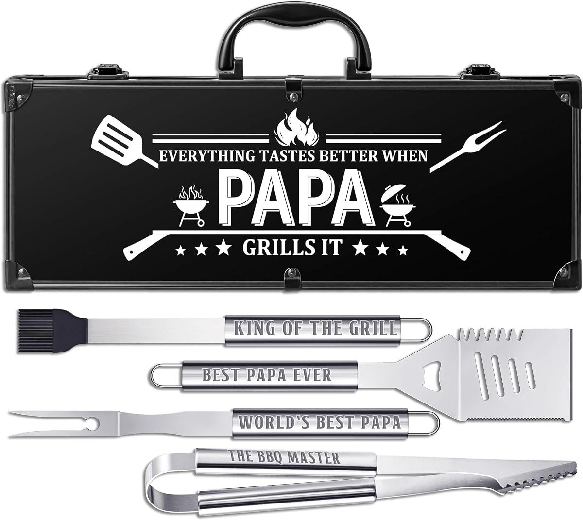 Papa Gifts, accesorios para parrilla, juego de parrilla de acero inoxidable resistente, herramientas para parrilla al aire libre con estuche de aluminio, utensilios para parrilla Papa, regalo ideal para parrilla de Navidad para hombres(negro)