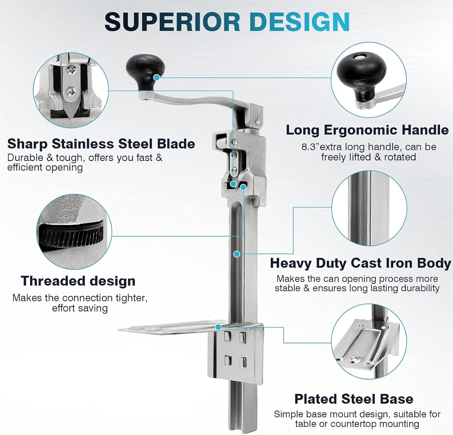 Commercial Can Opener, Manual Table Can Opener with Base and Labor-Saving Rotary Handle for Up to 11.8"/30cm Tall, Two Fixing Methods and Easy Handling for Restauran