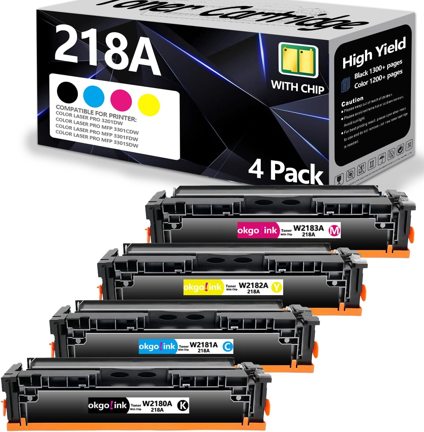 218A Toner Cartridge 4 Pack with Chip Version Compatible Replacement for HP 218 A 218X W2180A W2180X Work with Color Laserjet Pro 3201dw MFP 3301fdw 3301sdw 3301cdw Printer (Black Cyan Yellow Magenta)