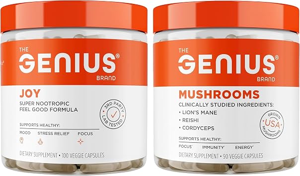 Genius Joy, Nootropic Mood Enhancer Supplement + Genius Mushrooms- Lions Mane, Cordyceps & Reishi