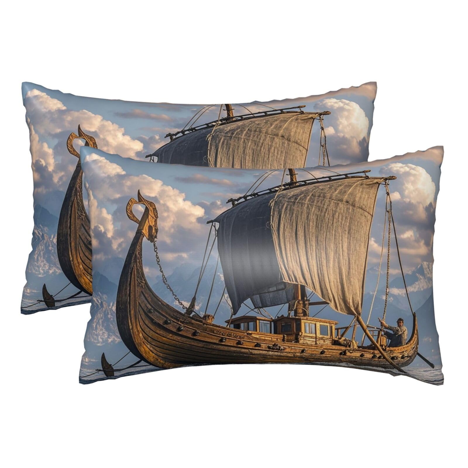 Silk Pillowcases Set of 2 Pillow Shams Breathable Soft Pillow Covers with Envelope Closure Old Viking Boat Pillowcases Standard Size 20x30 Inches Washed Pillow Cases for Hair and Skin