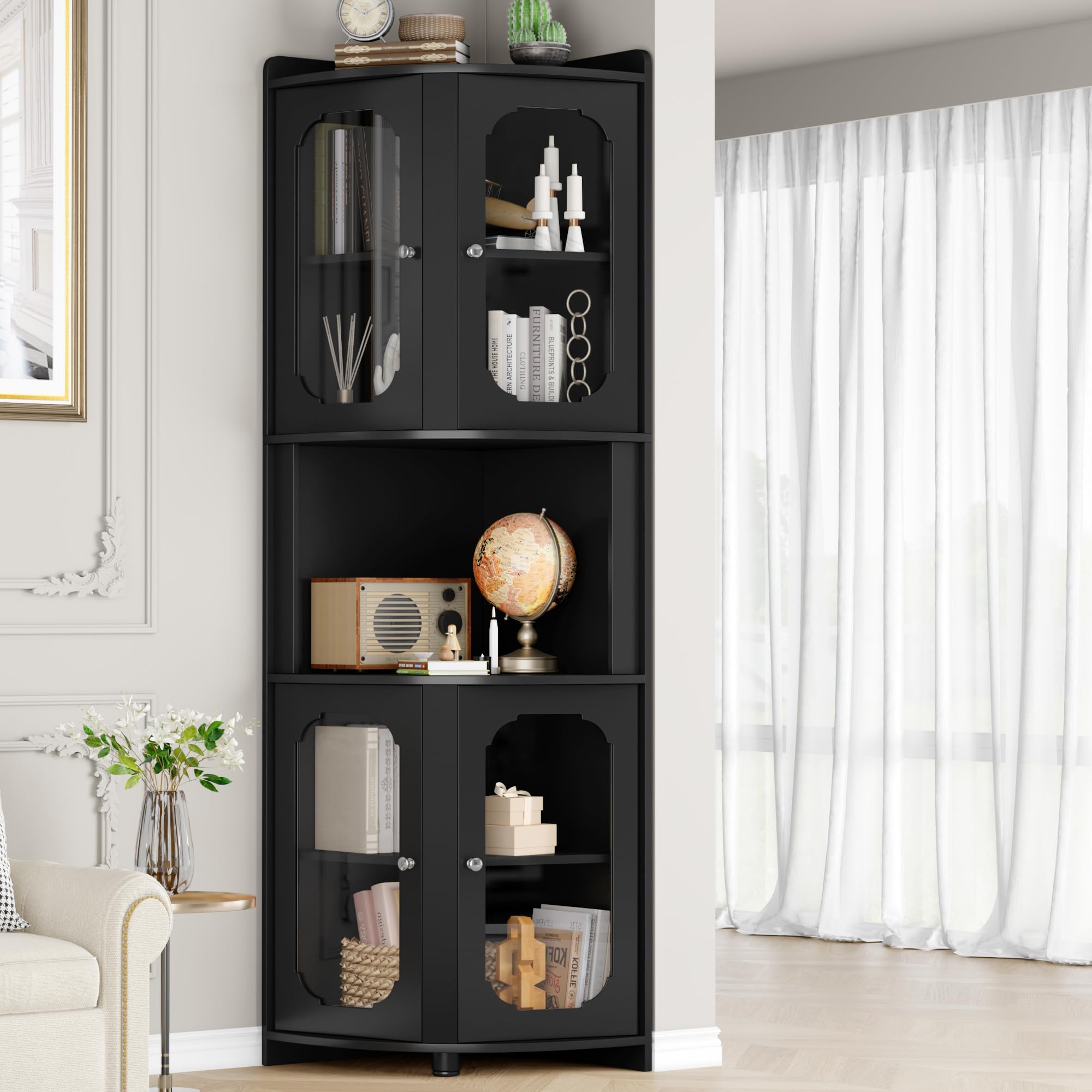 Keyluv Corner Cabinet 69" Tall Storage Cabinet with 5-Tier Shelves Bookcase Glassed Doors Display Corner Hutch, Modern Wooden Storage Organizer for Living Room, Bathroom, Home Office, Kitchen, Black