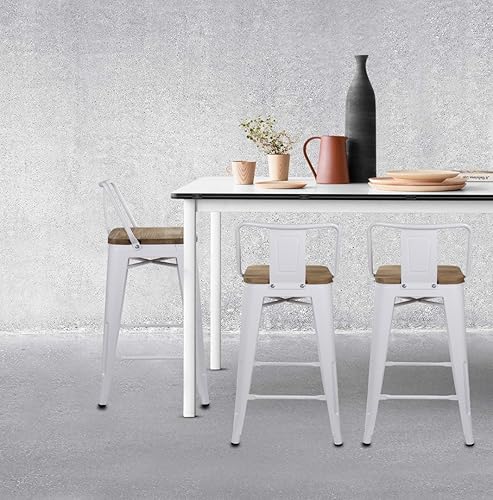 Vista 263 de GIA Taburete de metal con respaldo bajo de altura de mostrador de 24 pulgadas con asiento de cuero vegano, color plateado