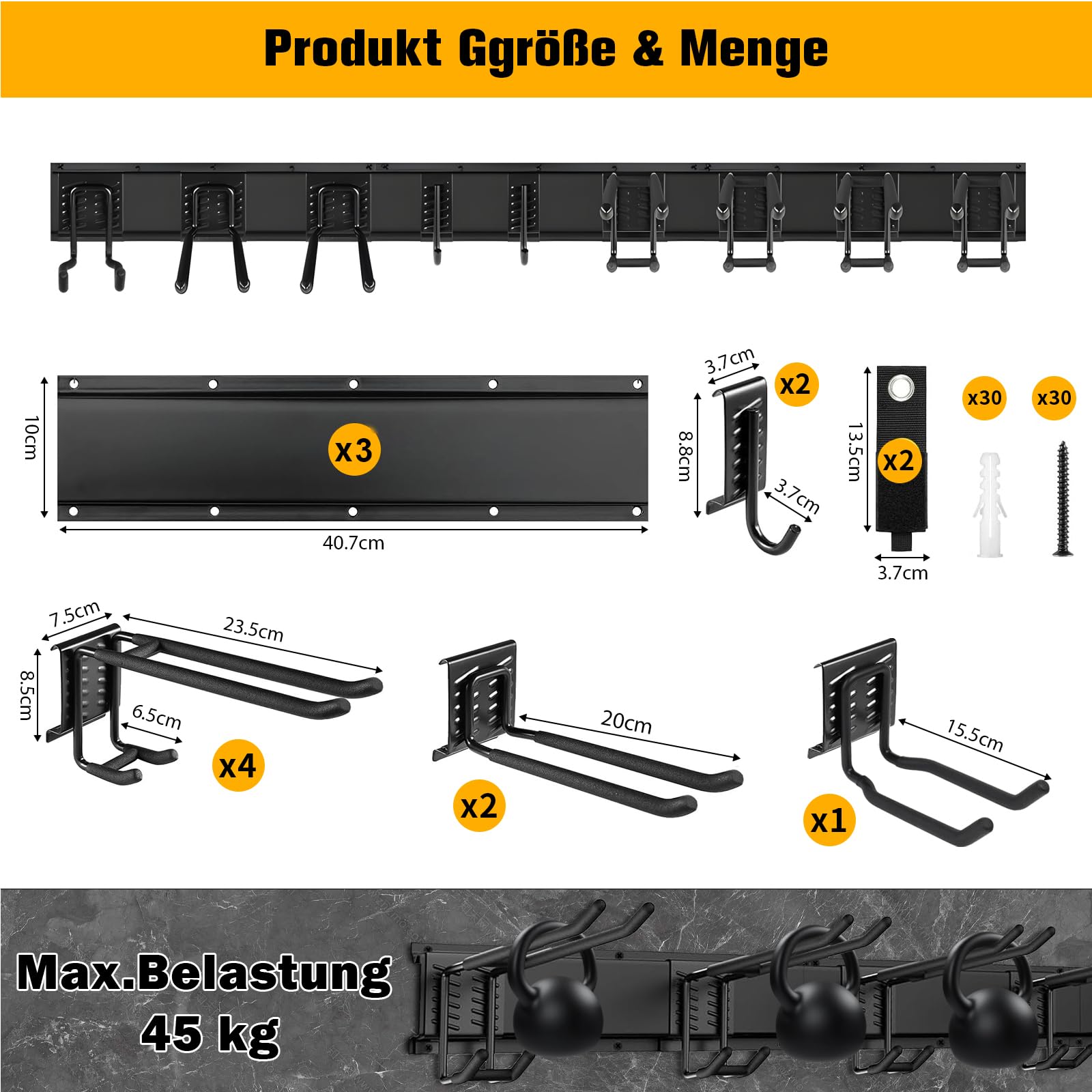 Garage Tool Manager, Porte Outils Mural, Rangement Outils Jardin, Support Mural d'Outils de Garage avec 9 Crochets et 3 Rails pour Outils de Jardin, Pelles, Balais