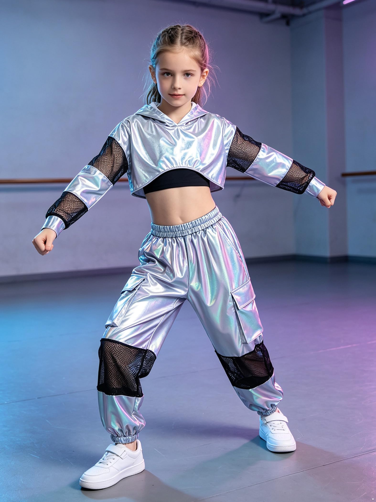 Bambina Abito Metallico Set Abbigliamento Danza Abbigliamento Danza Argento 9-10 anni