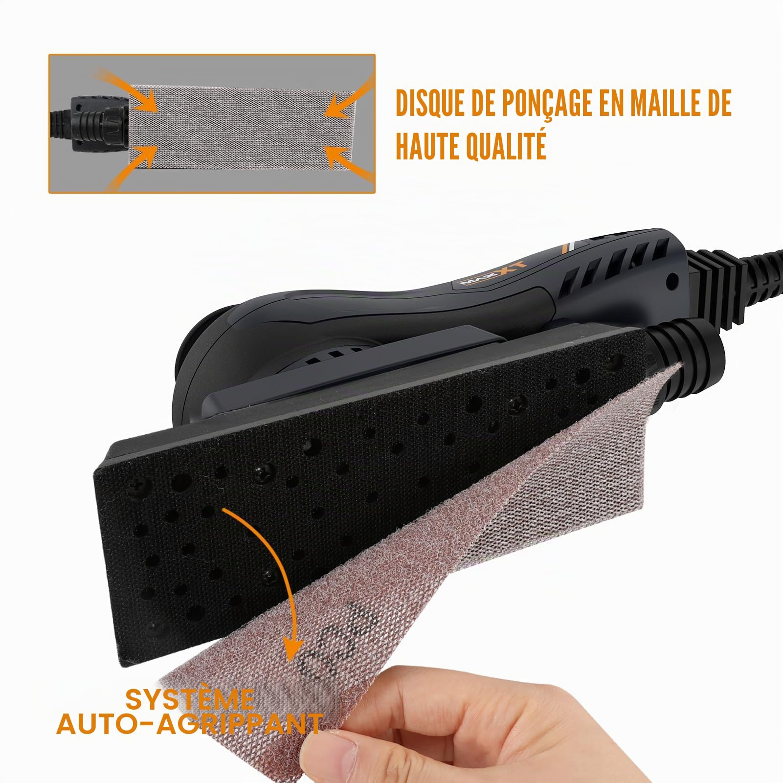 MAXXT Ponceuse excentrique électrique sans balais - 3 mm - 350 W - Multifonction - 4000-10000 tr/min - Vitesse variable - Ponceuse excentrique filaire - Machine avec 10 papiers abrasifs