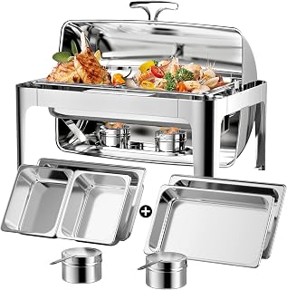 Roll Top Chafing Dishes for Buffet: Rectangular Catering Food Warmer for Parties Birthday Wedding Family Gathering with 1 Full Size & 2 Half-Size Buffet Server Dish& 14QT Water Pan