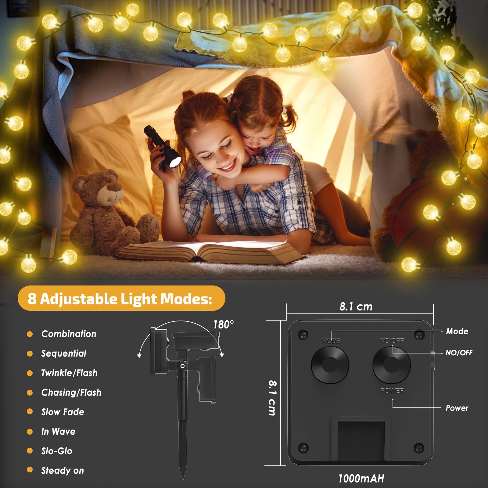 Luci Solari Esterno, 60LED/13.2M/8 Modalità Catena Luminosa Esterno, IP65 Impermeabile Lampade Solari da Giardino per Festa, Campeggio, Balcone, Matrimonio, Gazebo(Bianco Caldo+ Funzione di Memoria)