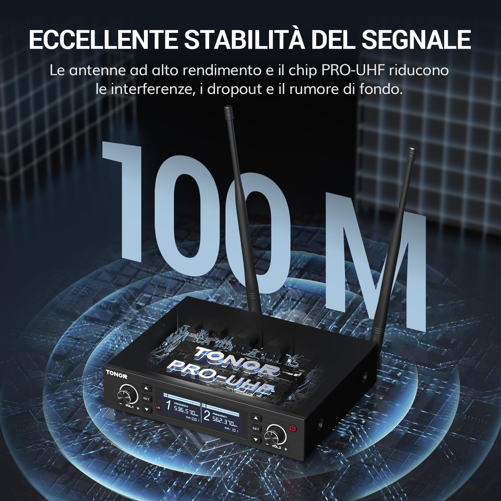TONOR sistema microfono wireless, microfono ricaricabile professionale, microfono dinamico cordless in metallo 2x100 UHF per karaoke, chiesa, canto, matrimonio, riunione, DJ, Auto Scan, 100M, TW750