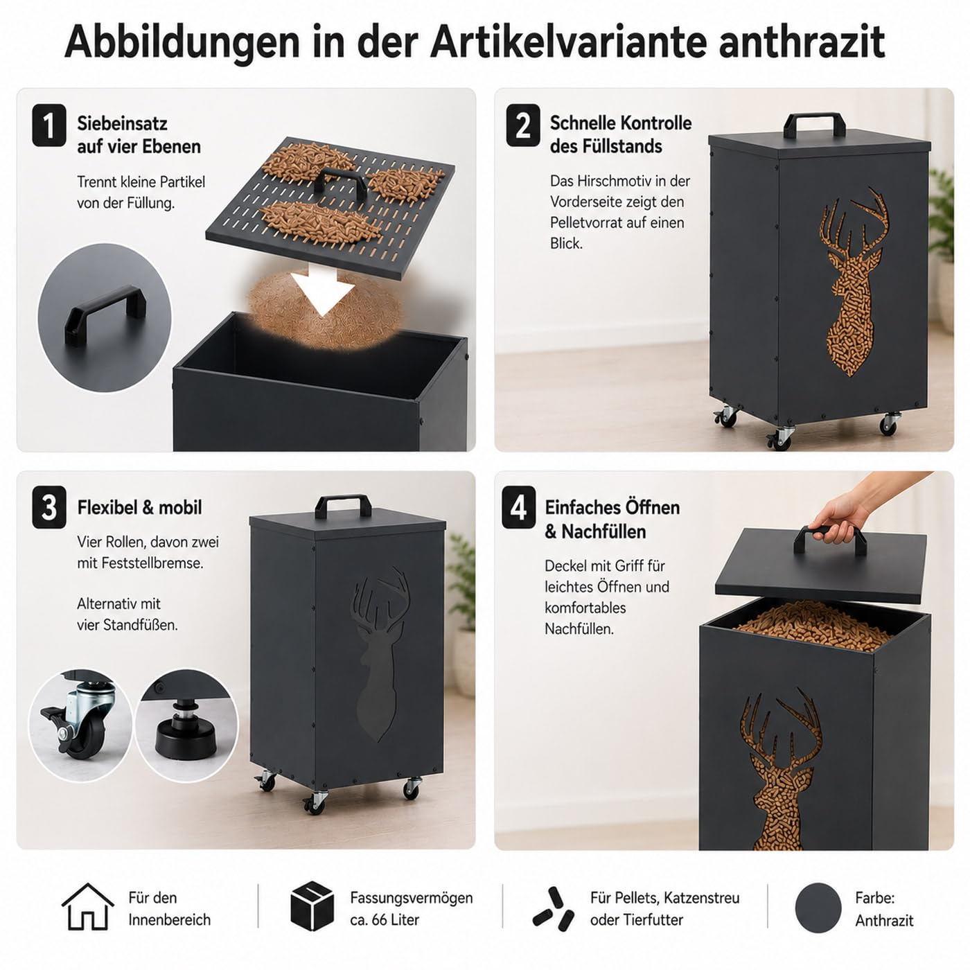 Mendler Contenitore per Pellet Cervo HWC-Q30 stoccaggio Pellet, con setaccio Filtro e rotelle 65x36x36cm - Antracite