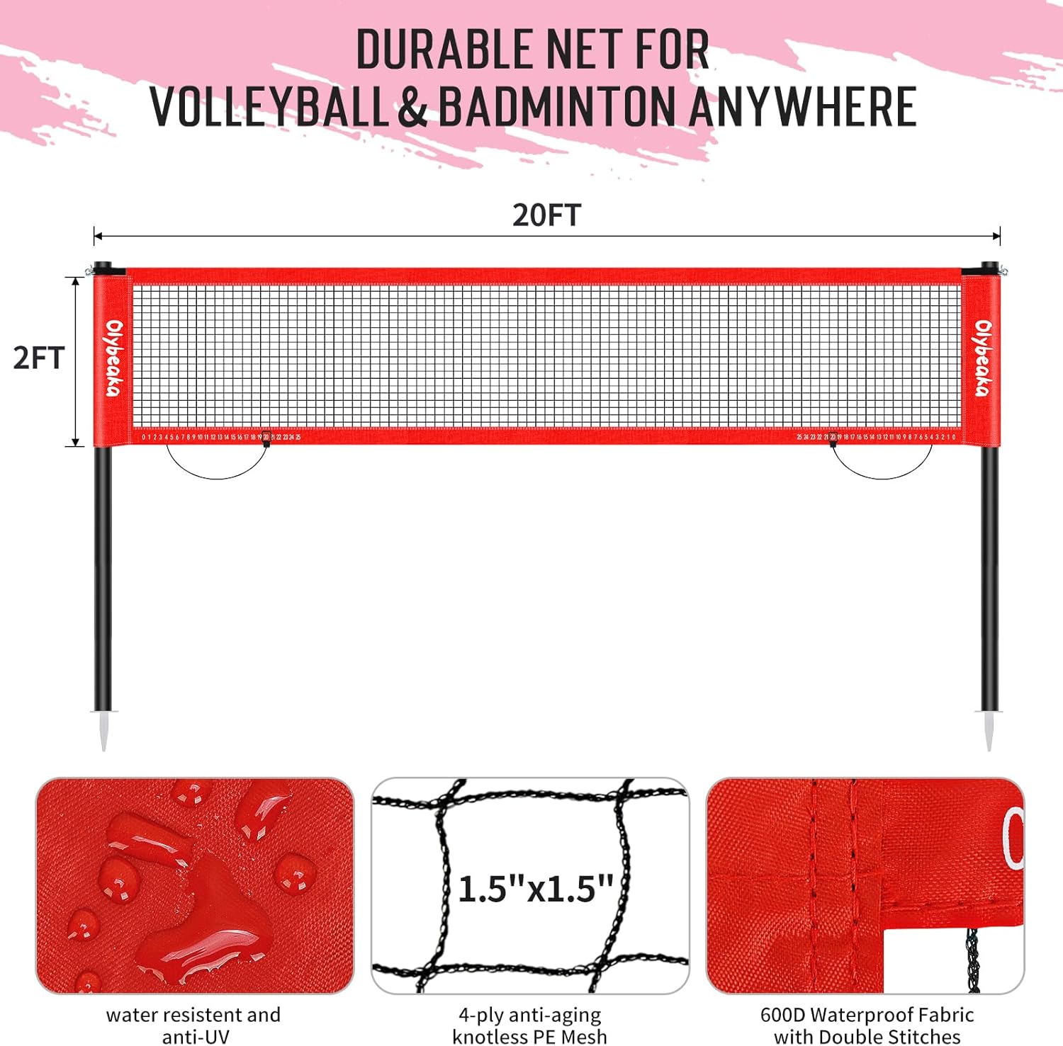 RED AND BLACK 20ft Outdoor Volleyball & Badminton Combo Net Set for Backyard Beach with Adjustable Poles, Durable Anti-Sag Net, PU Volleyball, 2 Aluminum Rackets