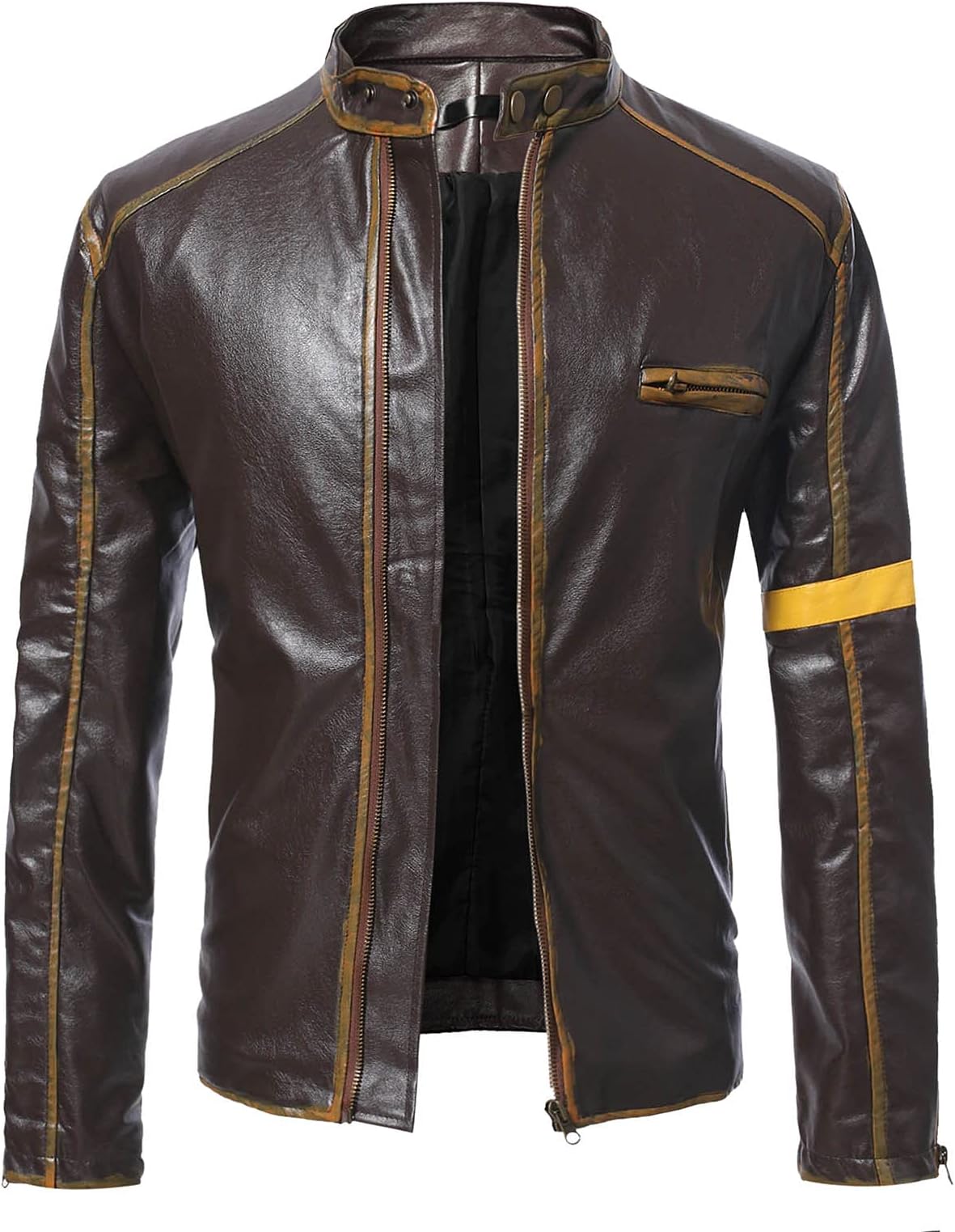 Men's Casual Jacket Striped Vintage Pilot Jacket Full Zip with Chest Pocket Denim Jacket Steampunk Jacket Medieval Stand-Up Collar Faux Leather Jacket Men's Slim Fit
