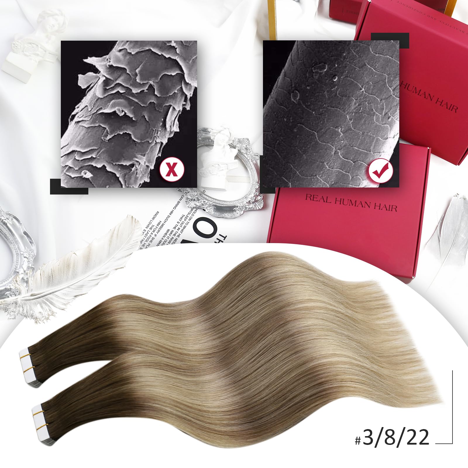 Moresoo Tape in Hair Extensions Human Hair 20 Inch Real Hair Tape in Extensions Balayage Brown to Light Brown with Medium Blonde 20 Pieces/50g #3/8/22 - Image 2