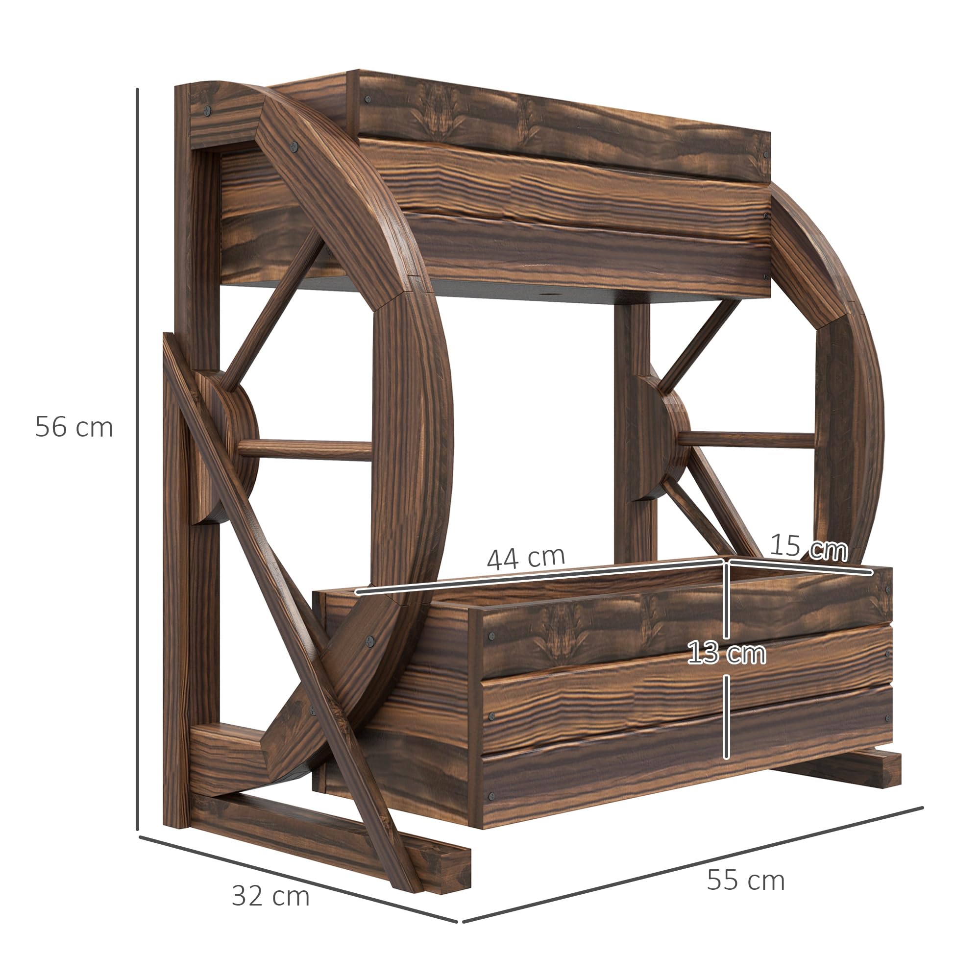 Outsunny Jardinera de Madera para Exterior de 2 Niveles, Huerto Elevado con 2 Macetas y Ruedas de Carreta Estilo Campestre, 55x32x56cm