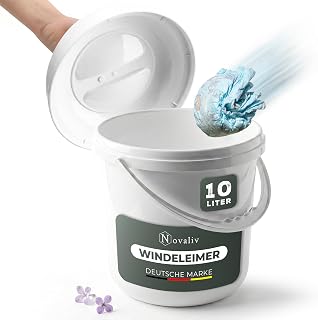 Novaliv Windeleimer geruchsdicht 10 L – Windelmülleimer ohne Kassette mit Deckel & Griff für normale Müllbeutel | Baby Windeleimer & Wickeleimer fürs Kinderzimmer, weiß, Kunststoff, platzsparend