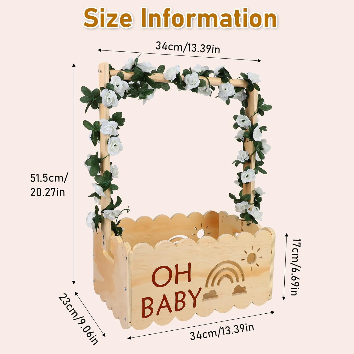 Wooden Baby Shower Crate Closet, Large Baby Shower Cupboard, Newborn Clothes Wardrobe Storage Basket with Handle Garland and 6 Clothes Hangers, Welcome Baby Gifts, for Pregnancy, 50.6 x 34 x 22.8cm