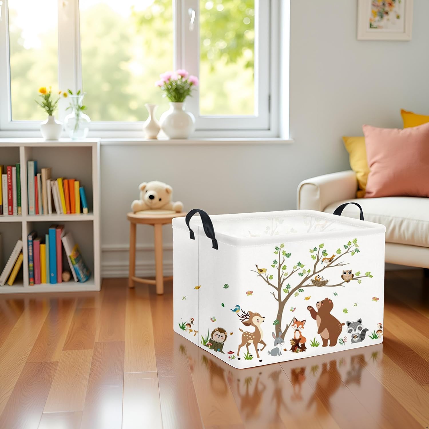 Rectangular Kids Storage Basket Baby Storage Basket with Handles for Home Kitchen Boys and Girls Cute Toy Storage Bin Organizer Shelf Book Room Decor(Tree Animal)